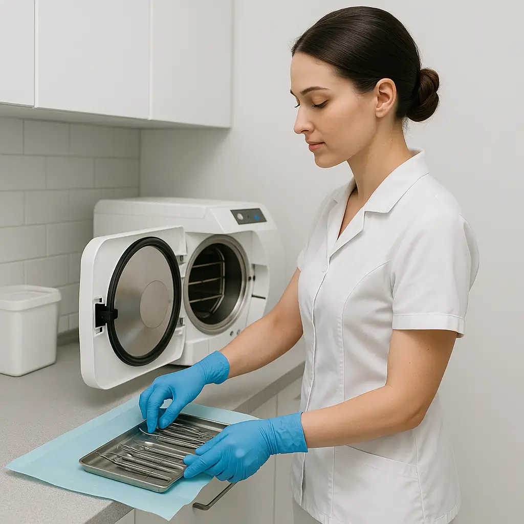 Instrumentářka s nástroji připravuje sterilizaci